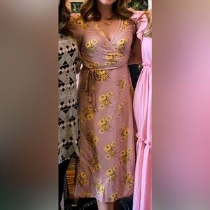 Madewell Pink Wrap Midi Dress with Tie Front